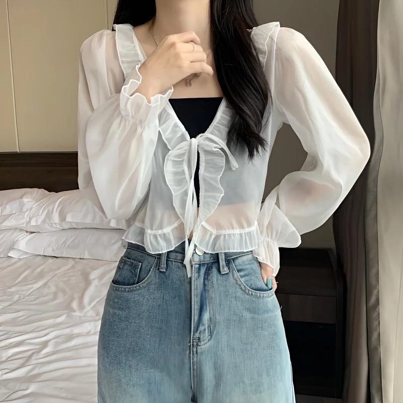 شال صيفي مكشكش بلون شيفون نسائي بأكمام طويلة ورقيق Y2K معطف كيب بوليرو ملابس عباءة تتغاضى عن عطلة 2025 #1