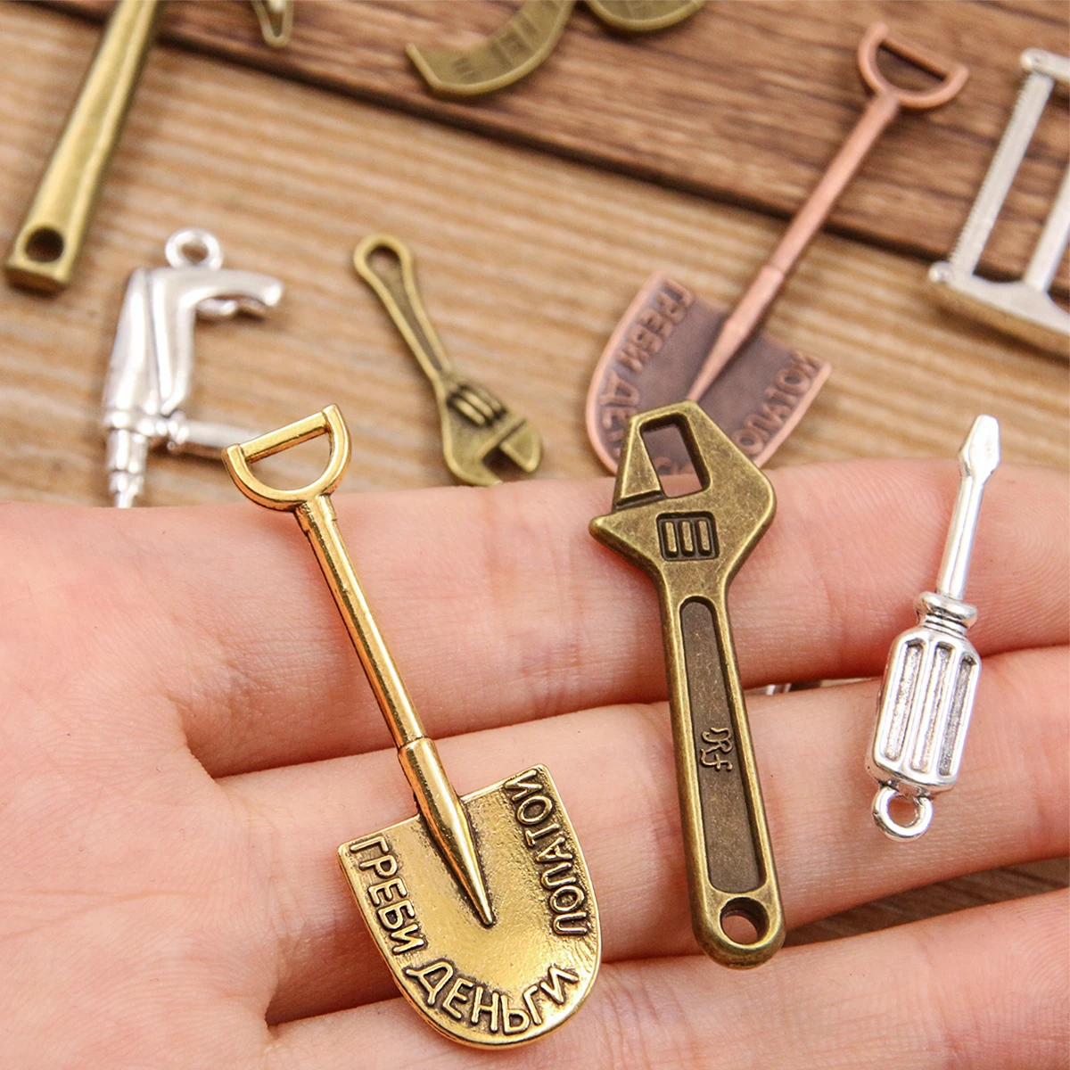 10PCS Mix Styles Color Mixed Alloy Daily Necessities Charms For Jewelry Making DIY Handmade Teapot Shovel Hammer Wrench Pendant