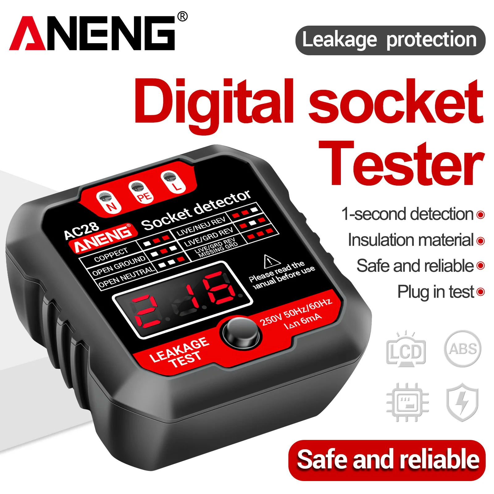 

ANENG AC28 Smart Socket Tester Voltage Test NCV Leakage Test Ground Zero Line Phase Check Wiring Fault Detector US/EU Plug Tools