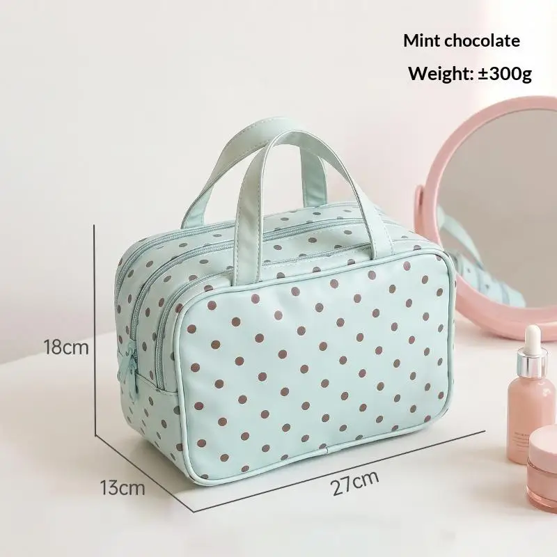 Bolsa de cosméticos con estampado de lunares, impermeable, de cuero sintético, gran capacidad, ideal como neceser de viaje para mujeres, perfecta para escapadas de fin de semana.