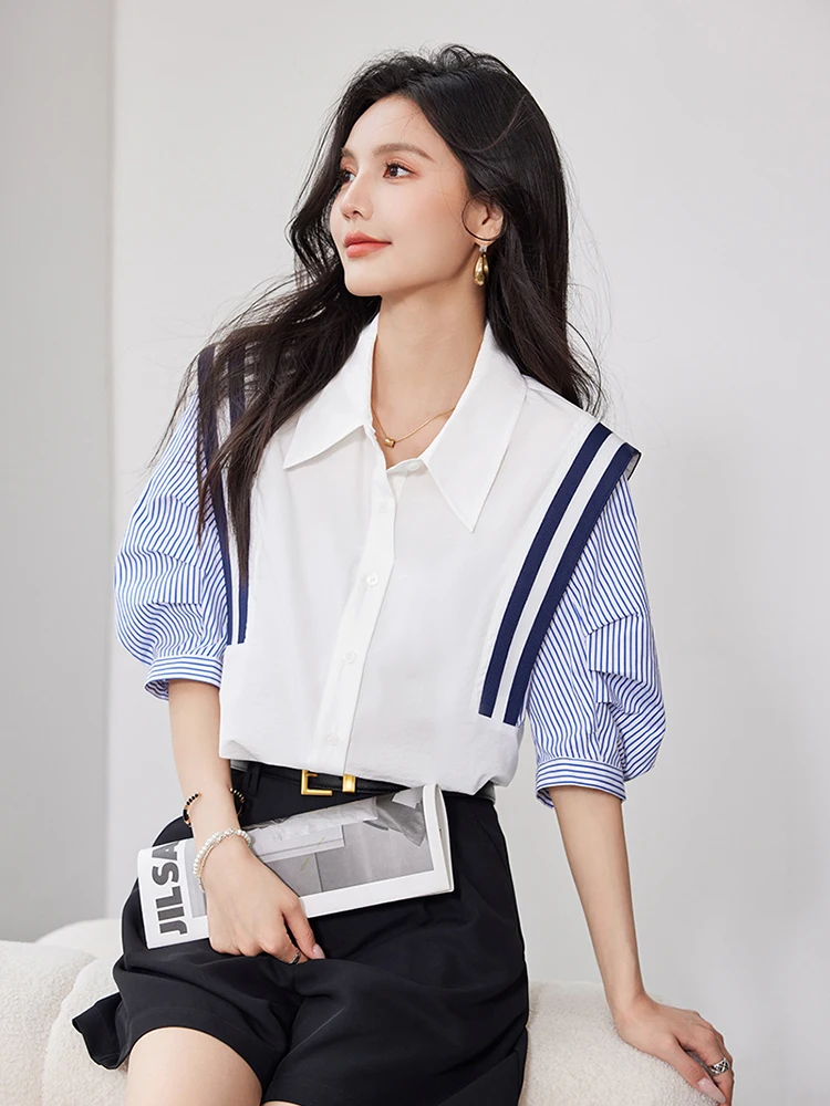 French Elegant Office Lady Shirt Female 2024 Spring Striped Contrasting Color Long-Sleeved Temperament Slim Top Fashion Blouse