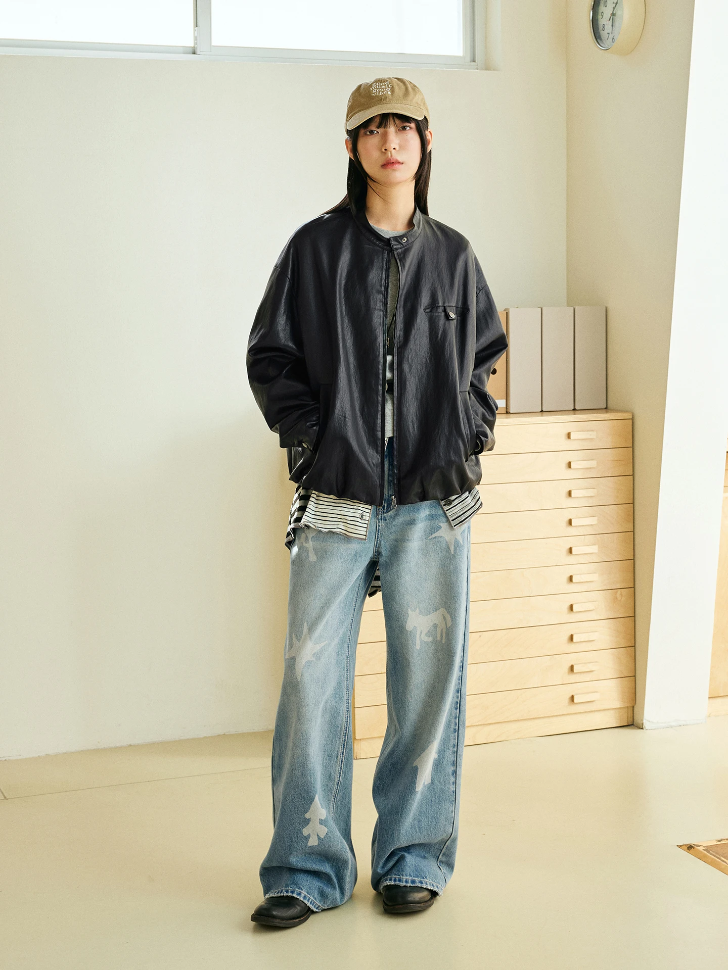 Octopusme Protein Leather Jaet Retro Stand Collar ort Outerwear for Women Commute Sle Zipper Straight Tube ape