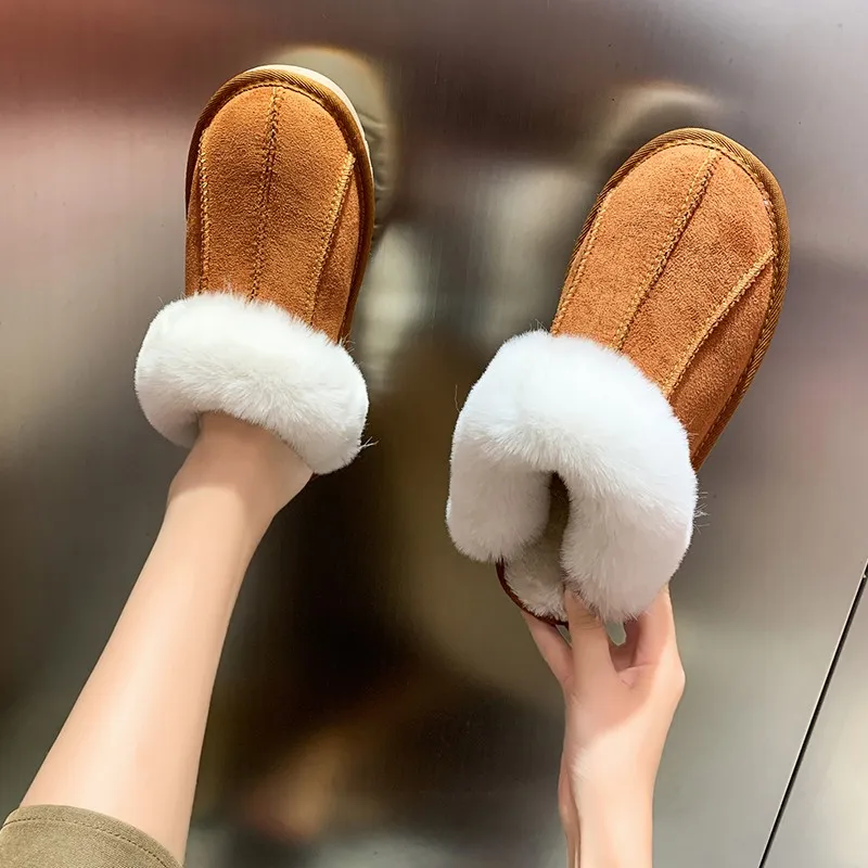 Women's 2022 Winter New Outer Wear Ins Fashion All-match Explosion-proof Home Non-slip Plush Toe Flat Half-slip Cotton Shoes