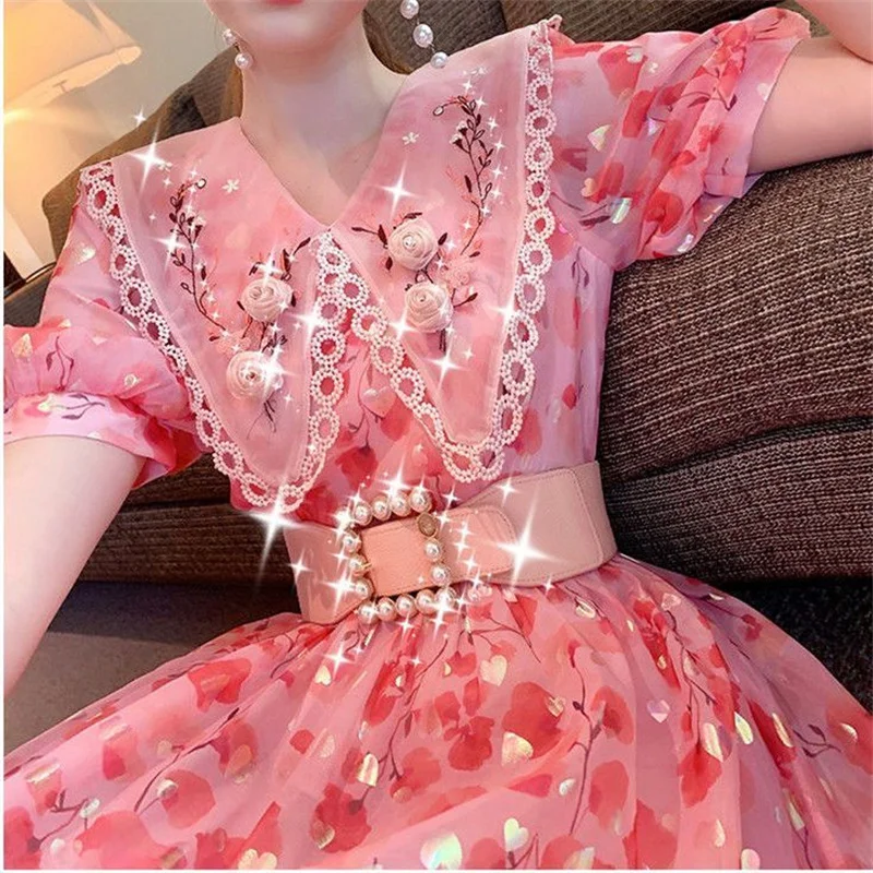 Explosive Street Dress Female 2023 Summer French Doll Collar Design Sense Niche Chiffon First Love Platycodon Grandiflorum Dress