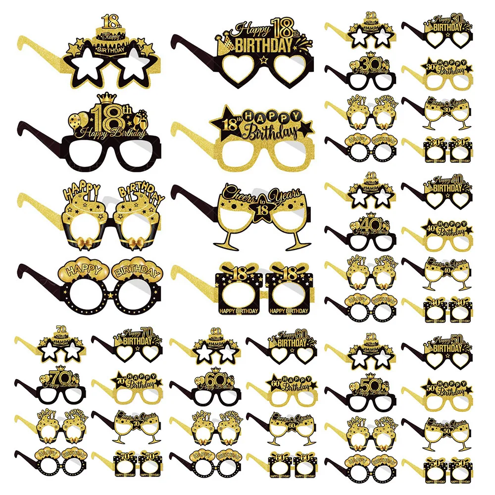 8Pcs/set Black 18/21/30/40/50/60/70/80th Years Old Paper Eyeglasses Photo Props for Adult Happy Birthday Party Decoration