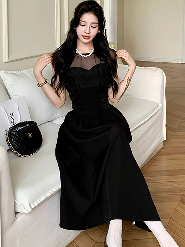 Women Korean Vintage Hepburn Luxury Dress Summer Black Patchwork Mesh Sheer Sexy Dress 2024 Elegant Bodycon Chic One Piece Dress