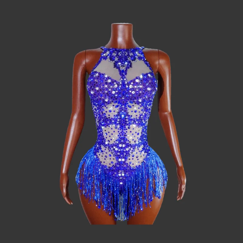 Women Sexy robe Backless blue Rhinestone High Stretch Bodysuit Evening Party Nightclub Singer Dancer Stage Performance dress