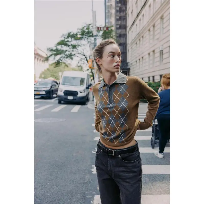 

Casual Sle Women's Knitted irt Long Sve Button Closure Collar Diamond Pattern Loose Fit Autumn Collection