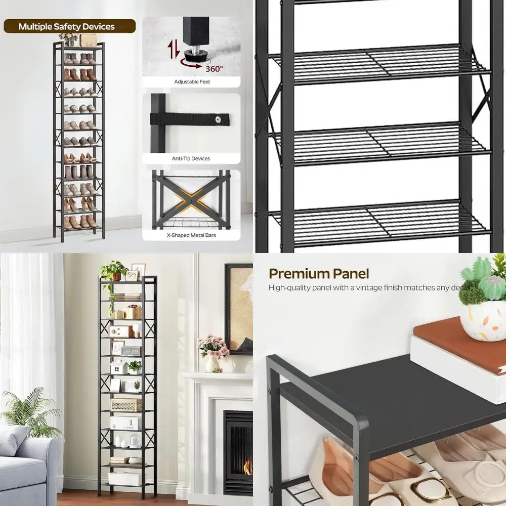 

12-уровневый вертикальный органайзер для обуви, вмещает 12-24 пары, компактная стойка с металлическим каркасом и деревянной столешницей, идеально подходит для прихожей, черный SS