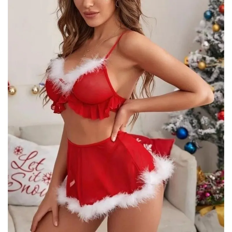 Swinol Christmas Erotic Costumes Women Sexy Lingerie Bra Skirt Thong Suit Plush Lace Tops Sex Play High Waist Sexy Sleepwear