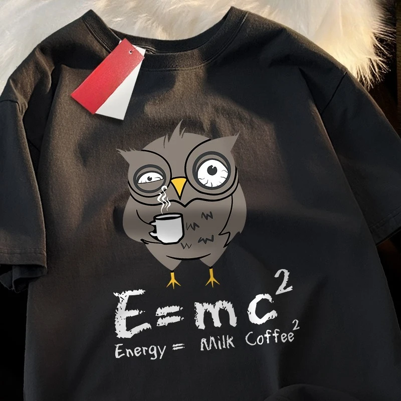 Funny Sleepy Owl Holding Coffee Cup Parody Graphic T Shirt Men Women Science Humor Cotton Short Sleeve Oversized Streetwear Tops
