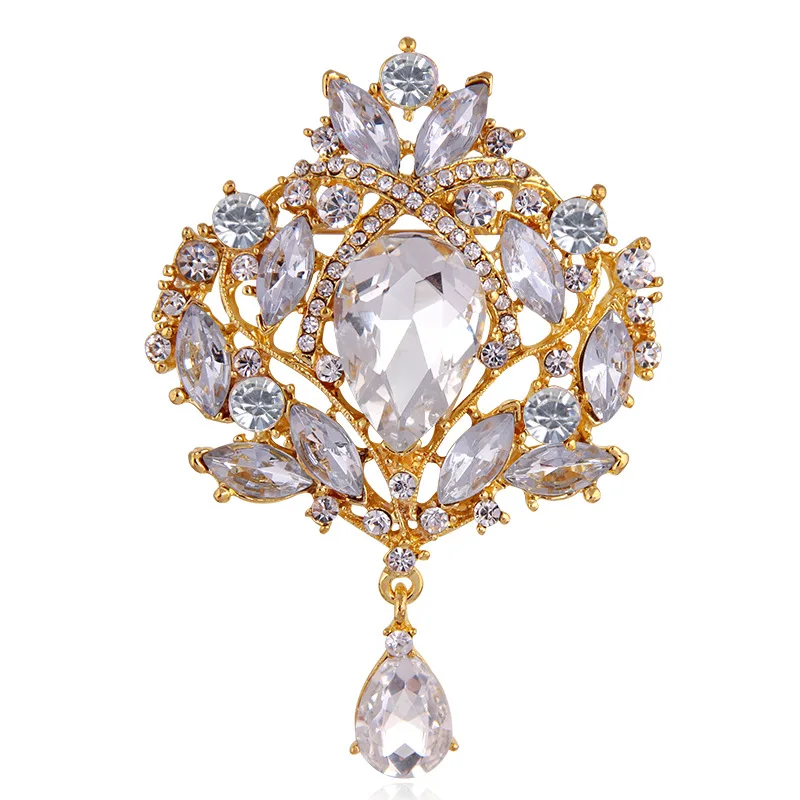 Elegant High Quality Large Crystal Teardrop Brooch for Women Wedding Art Deco Rhinestone Jewelry