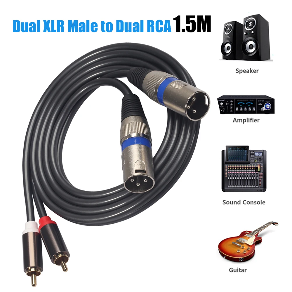 Duplo xlr macho para duplo rca macho linha de áudio preto cabo adaptador fio para microfone misturador amplificador fone de ouvido