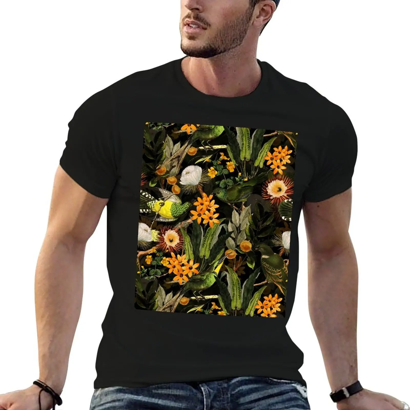 Birds In Tropical Flower Garden - black T-Shirt anime t shirts cotton graphic tees vintage anime stuff shirts graphic tee men