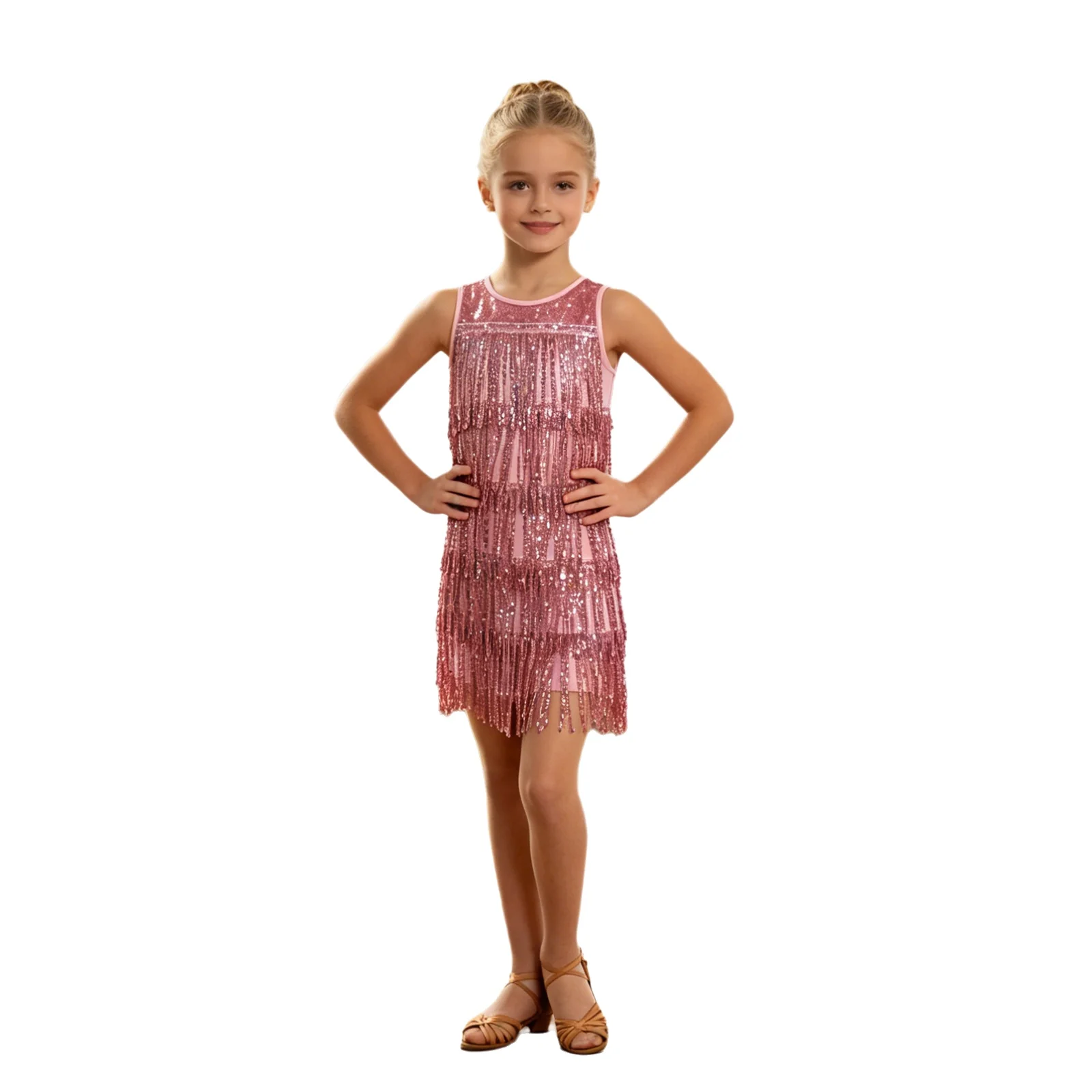 

Girls Sparkle Sequin Tassel Sleeveless Dress Round Neck Stylish Latin Costume For Cha Cha Rumba Rhythmic Dance Stage Performance