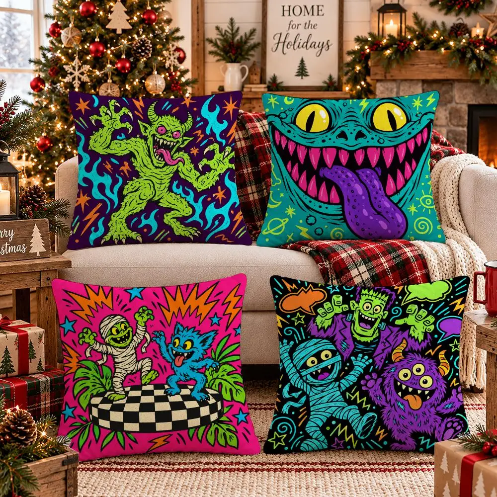 Monster Graffiti Cushion Cover 1/4Pcs Soft Plush Throw Pillow Cover Double-Sided Print Sofa Living Room Decor