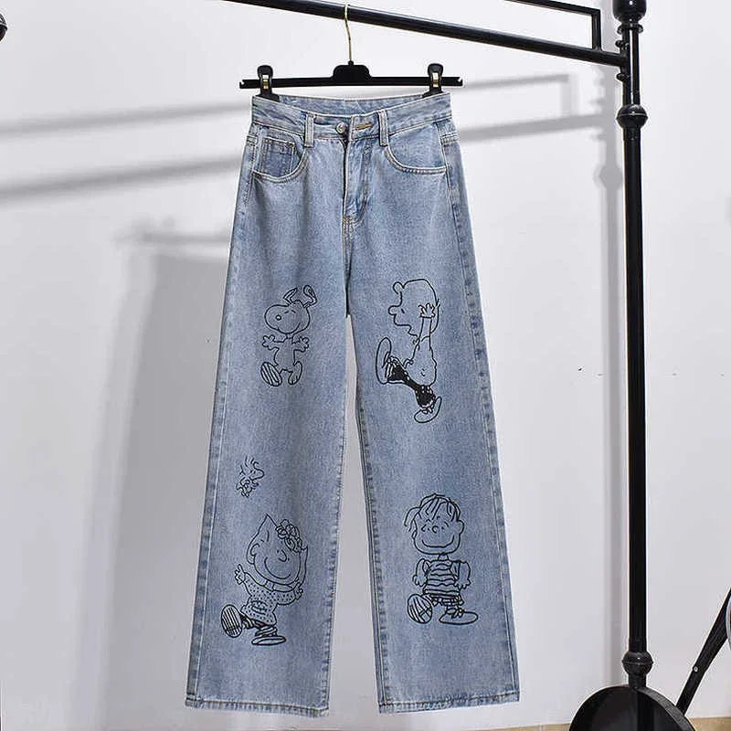 

2024Y2K Fashion Clothes Cartoon Pattern Printed Jeans Women's Casual Loose Denim Trousers Ladies Blue Straight Trousers