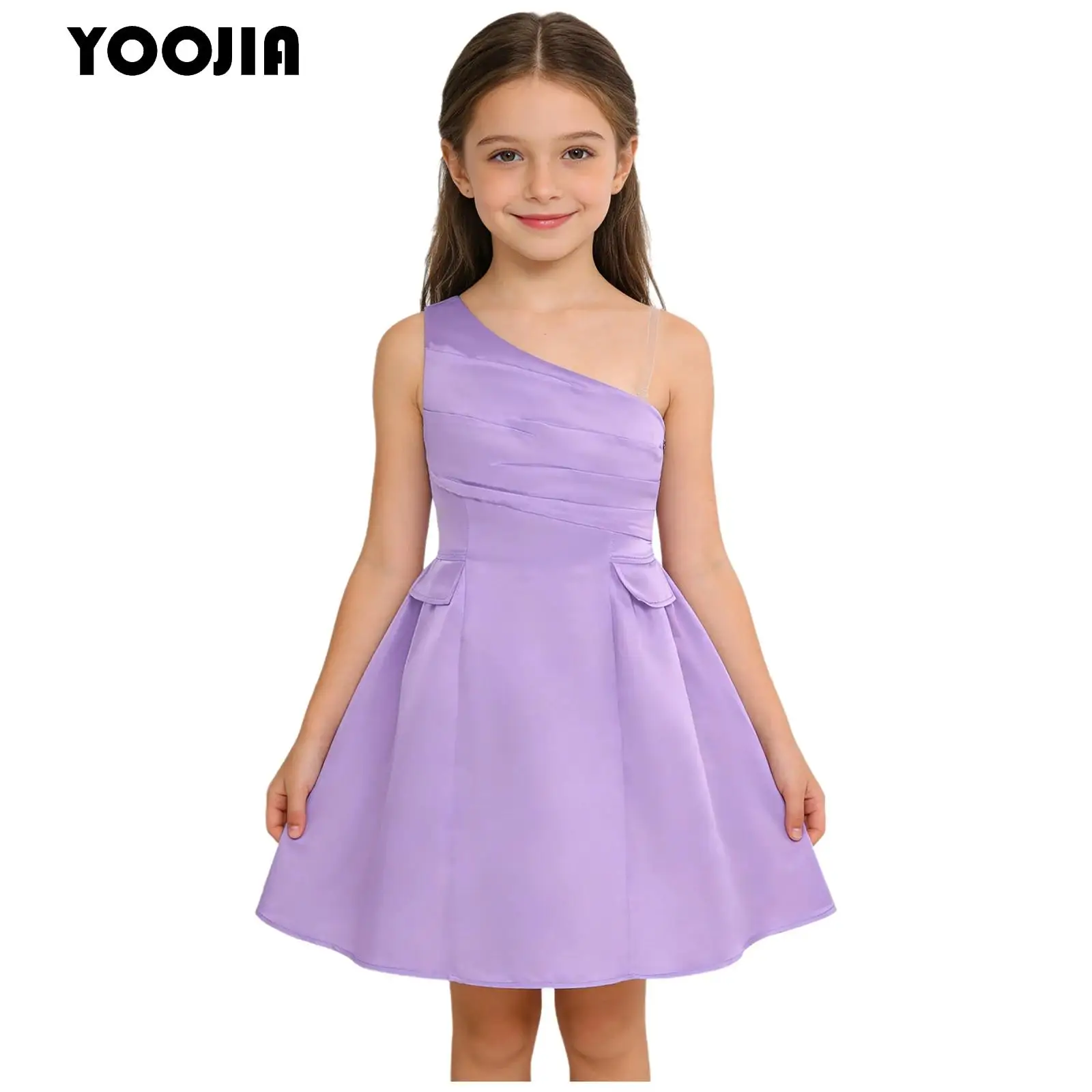

Flower Girls One Shoulder Party Dress Wedding Banquet Birthday Prom Gown Sleeveless Ruched Fake Flap Pockets A-line Swing Dress