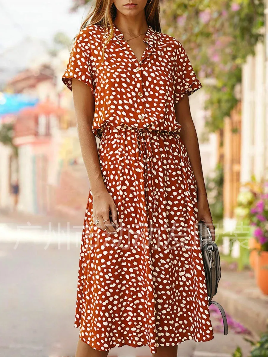 

Dress Women's Summer Polka Dot Fashion Print Short Sleeve Beach Vacation 2024 Button Waist Long Dress for Female