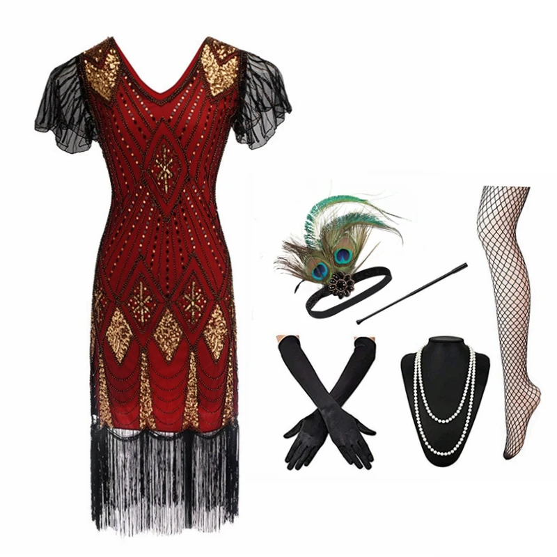 Robe Femme 1920s Flapper Gatsby Party Charleston Sequined Cocktail Weeding Beaded Tassel Dresses Banquet with Accessories