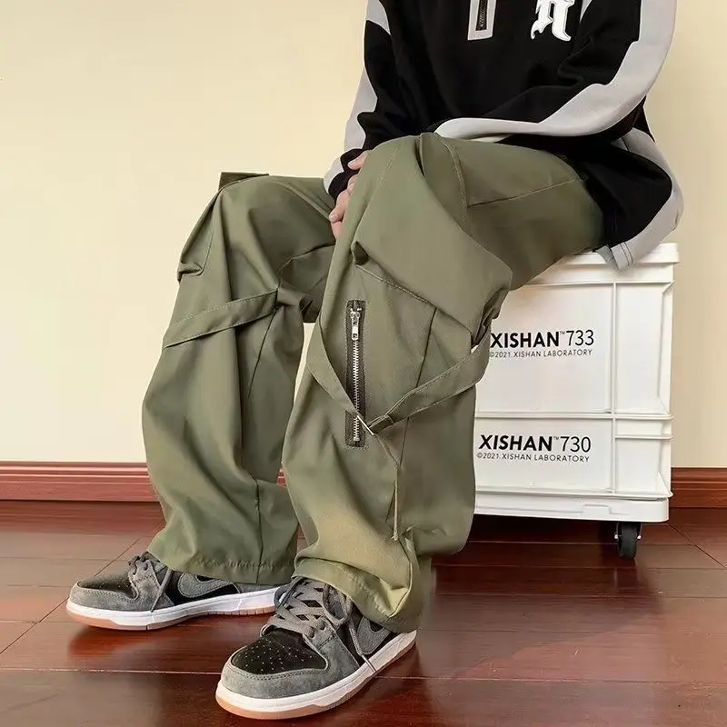 Green Cargo Pants Men Oversize Zipper Black Cargo Trousers Male Streetwear Hip Hop Pocket Spring Loose Casual Workwear