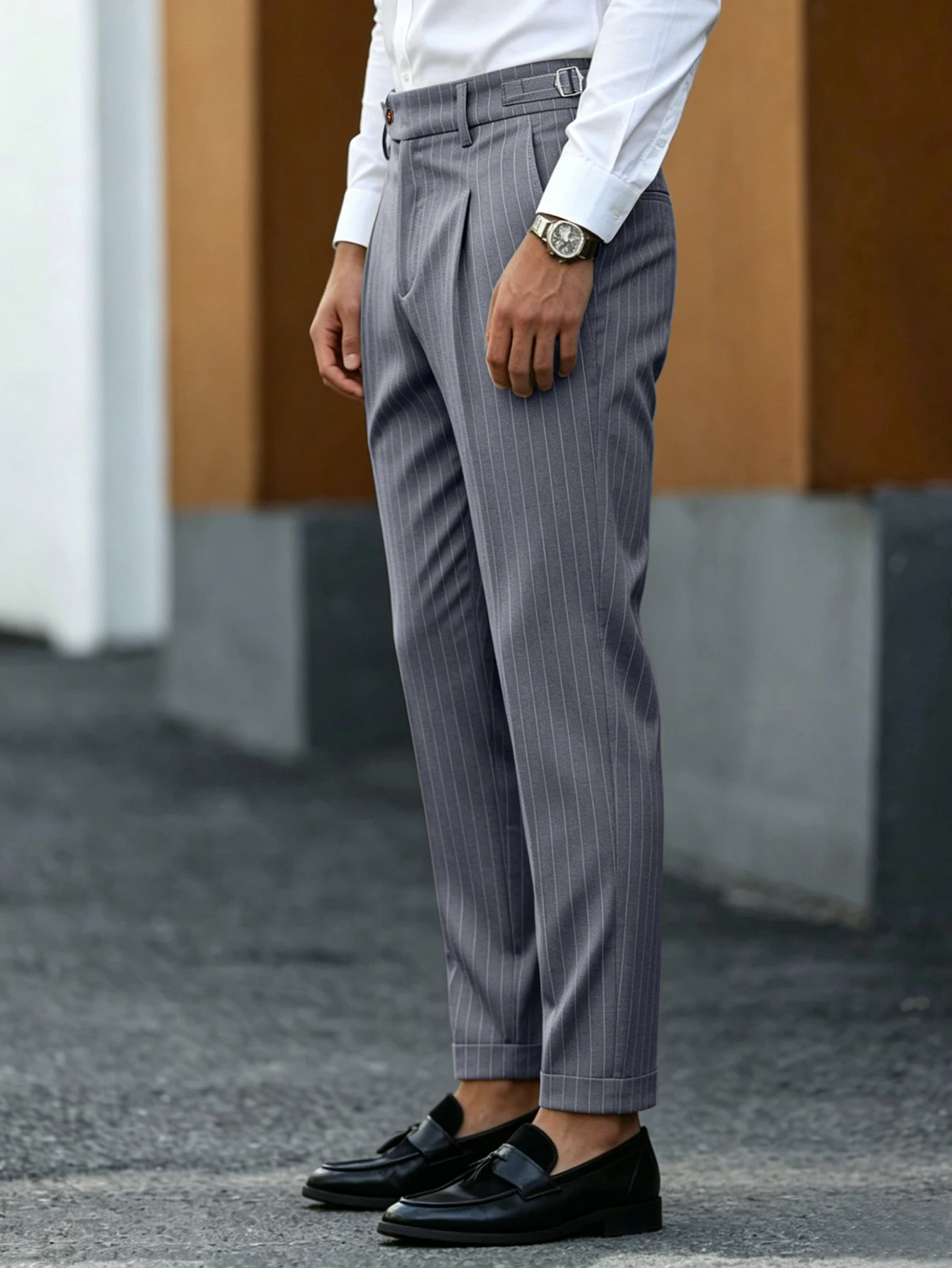 Men Double Pleated Pinstripe Cuffed Ankle Dress Pants Stretch Wrinkle Free Slim Tapered Cropped Suit Trousers Business Chinos