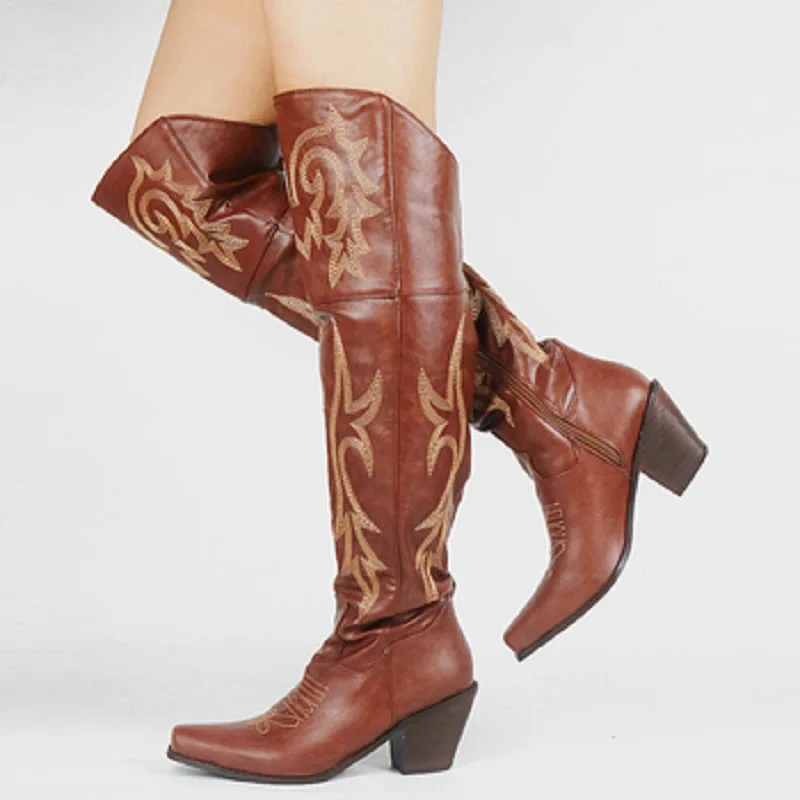 FEMALEAN 2023 High Long Over The Knee Pointed Toe Spring Western Cowboy Country Texana Boots Women Shoes On Offer