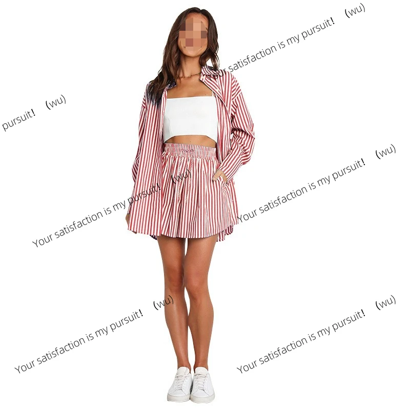الأوروبية والأمريكية الربيع والصيف مزاجه ركاب عارضة دعوى، قميص الموضة مخطط قطعتين مجموعة