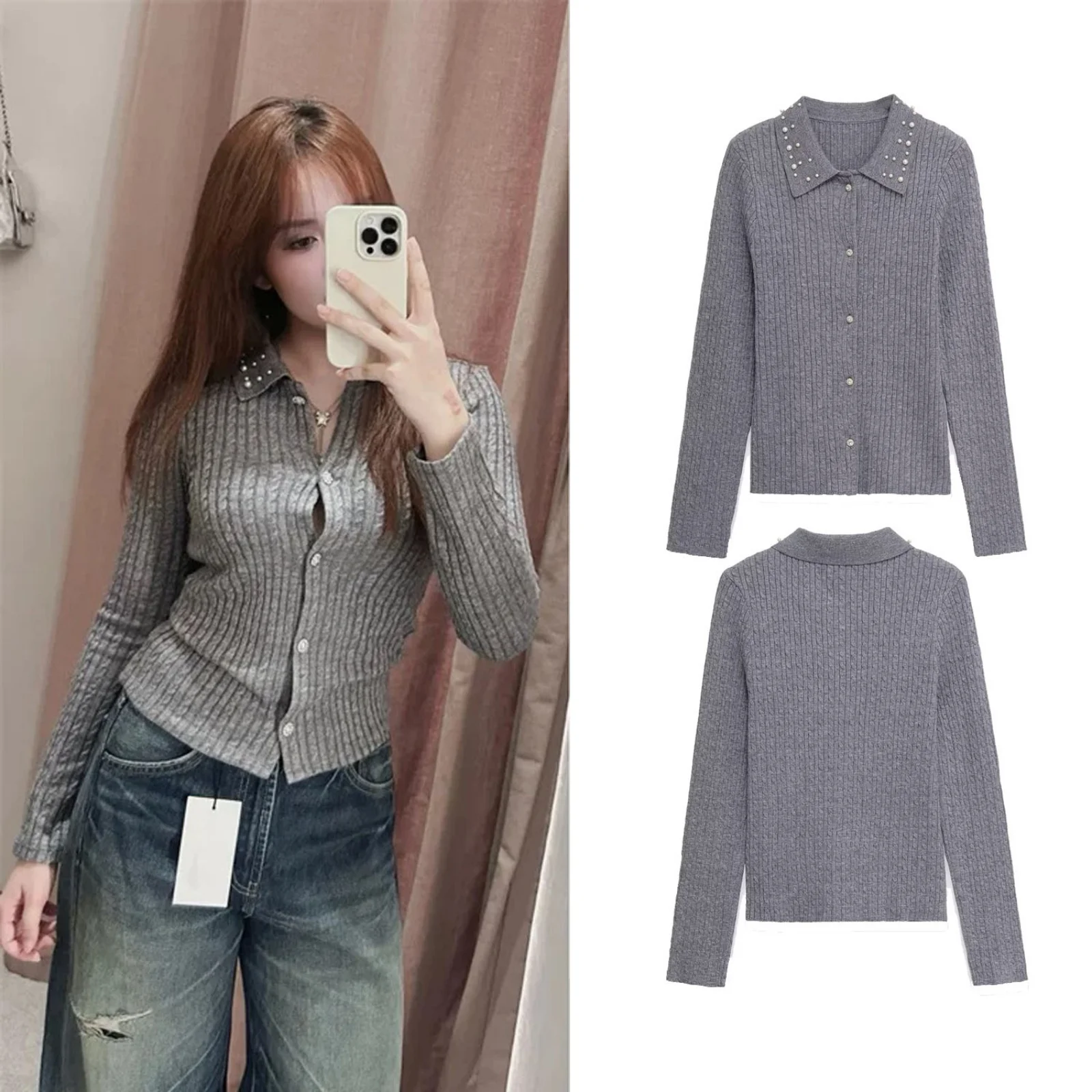 

Women Autumn Winter Elegant Solid Short Knitted Sweater Female Turn-Down Collar Fashion Beaded Tops Lady Slimfit Cardigan Jacket