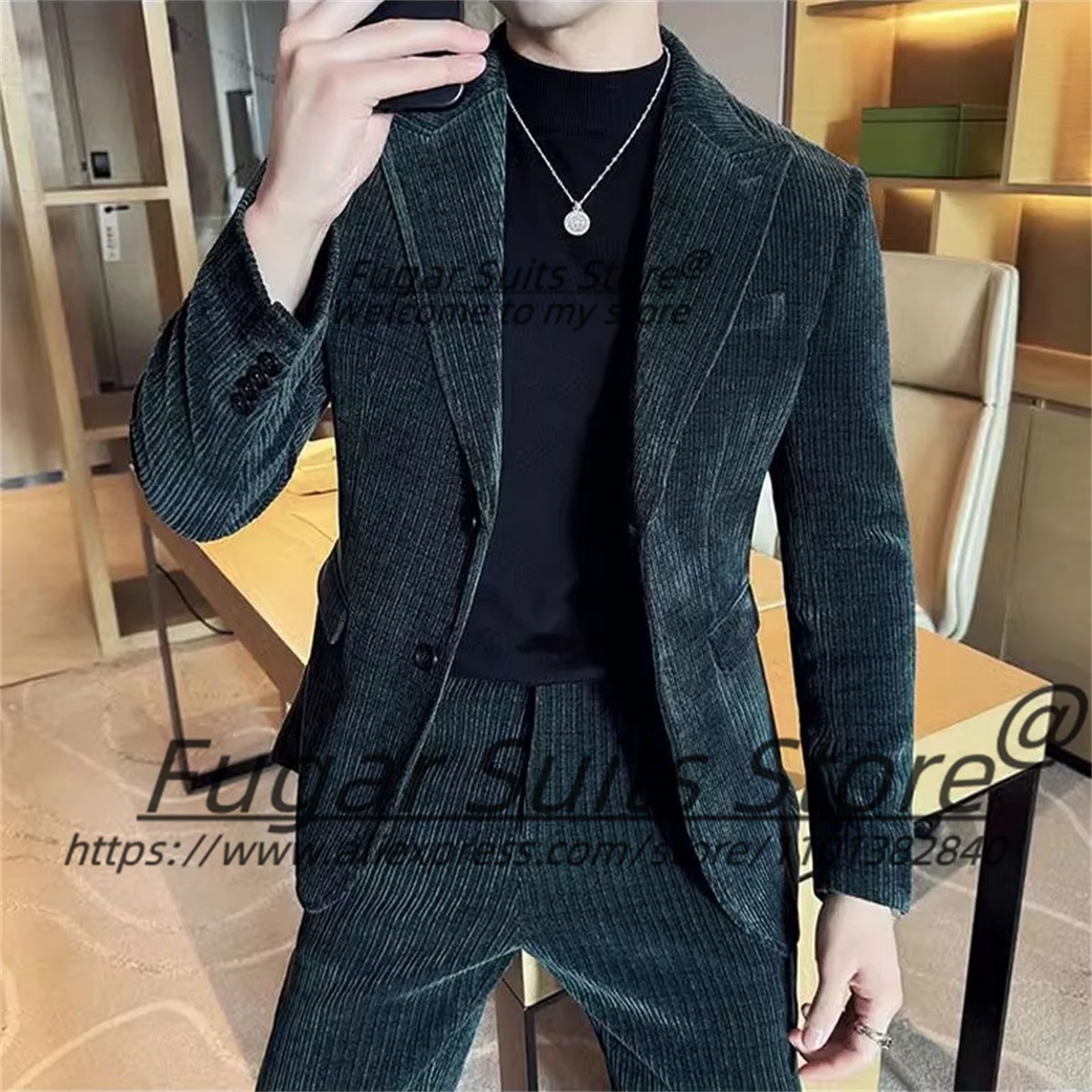 

Classic Corduroy Men Suits Customized High-qublity Slim Fit Peak Lapel Groom Wedding Tuxedos 2 Pieces Sets trajes para hombre