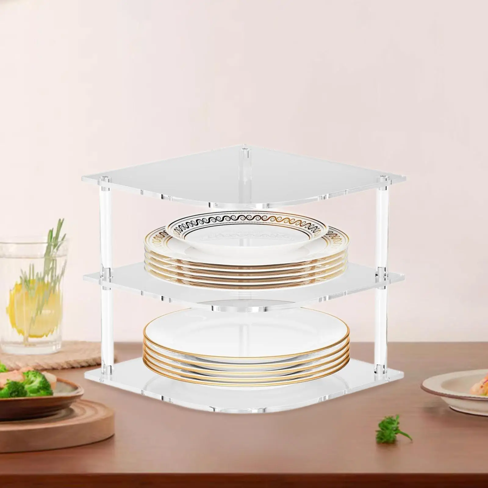 

3 Tier Acrylic Corner Shelf Display Organization Clear Cabinet Plate Rack for Countertop Desktop Kitchen Water Cups Counter