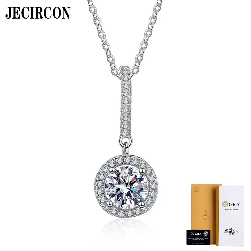 

JECIRCON 925 Sterling Silver Moissanite Necklace for Women 1 Carat Classic Round Pendant Full Diamonds Simple Neck Chain Jewelry