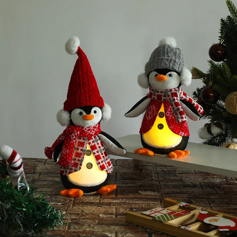 

Cute New Cartoon Christmas Decorative Glowing Penguin Gnome Doll Ornament with Retractable Light Standing Figure Plush Toy