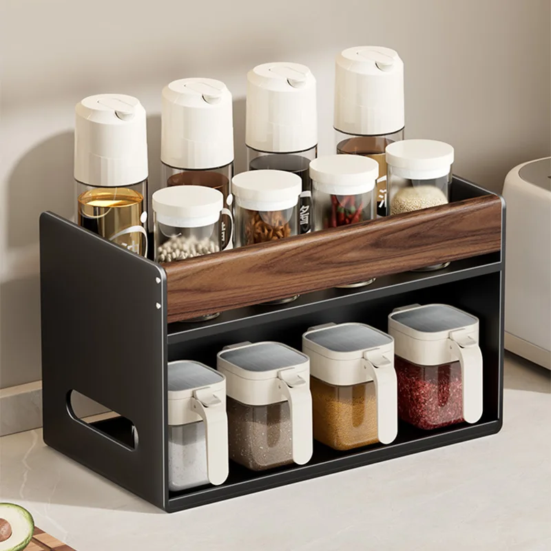 

Walnut kitchen seasoning shelf countertop, household seasoning salt tank, oil pot combination set, storage rack