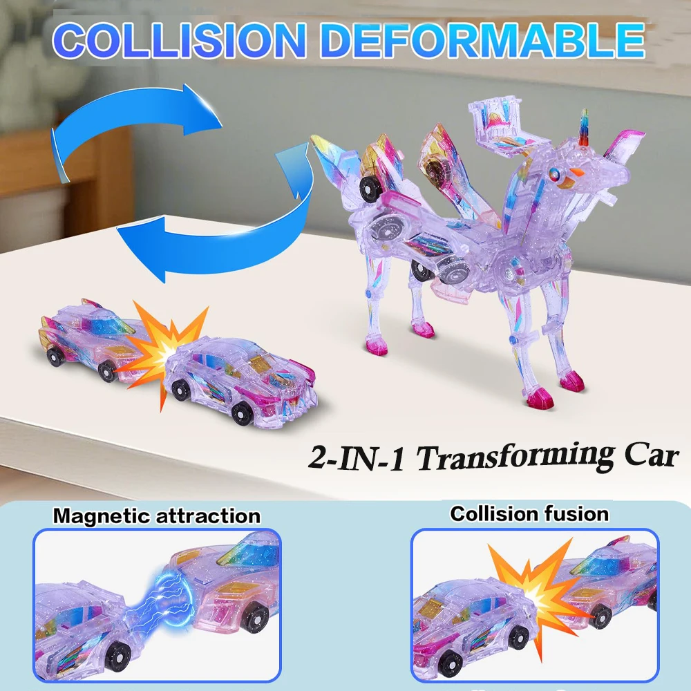 Magnetic Deformation Cars 2 in 1 Crystal Pegasus Collision Fit Transforming Horse Magnetic Collision Car Novelty Toys Xmas Gifts