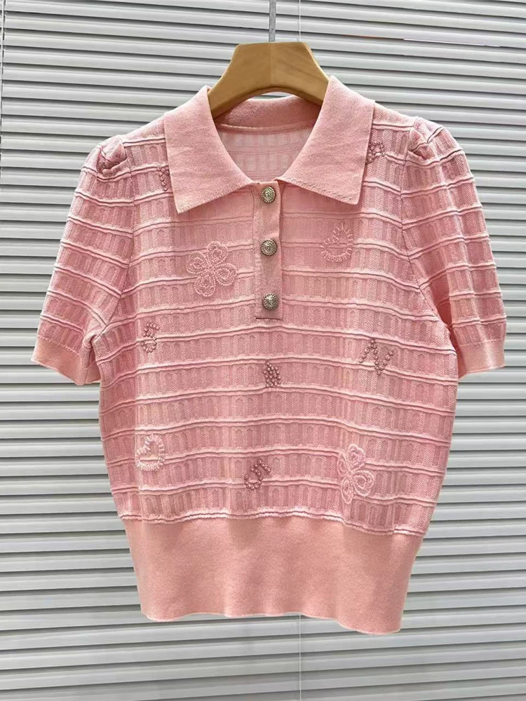 Premium Edition Sweet Sle ort Sve  Ne Knitted Top Pink Embroidery Beads Versatile Summer Faion Ladies' Sweater