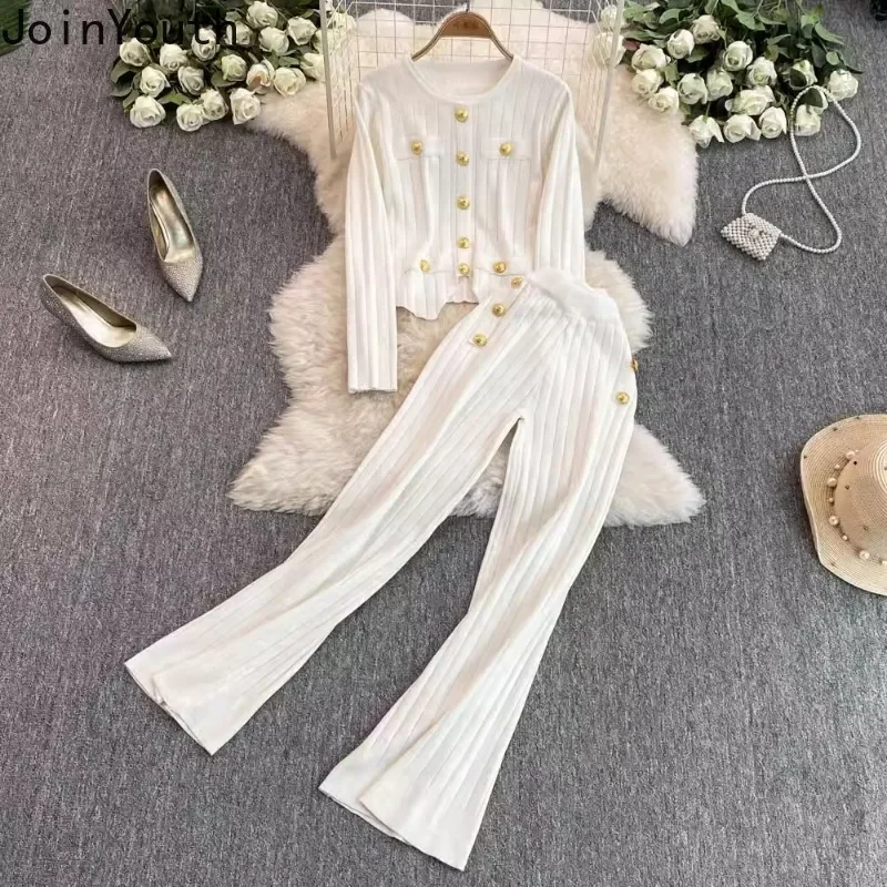 2 Piece Sets Womens Clothing Pants Outfits Single Breasted O-neck Crop Tops High Waist Straight Wide Leg Pants Suit Knitted Set