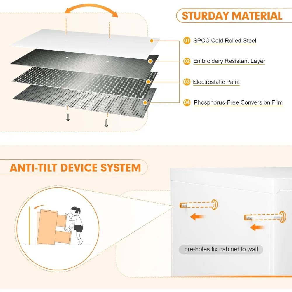 خزانة ملفات مكتبية مع قفل، خزانة ملفات جانبية بيضاء ذات درجين، منظم تخزين واسع من الفولاذ للمستندات المكتبية