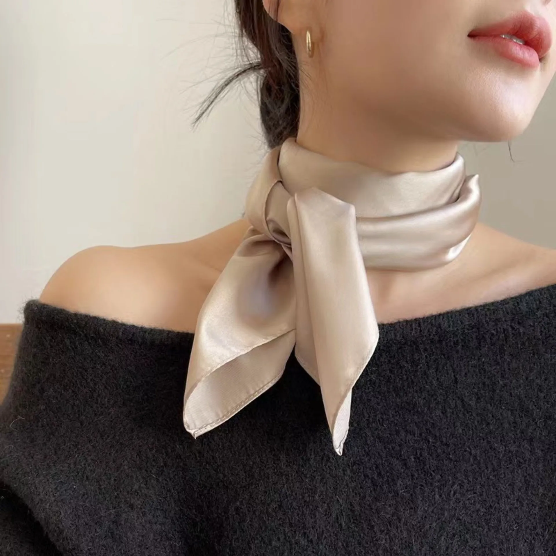 Fashion 70x70cm Solid Color Satin Scarf Woman Square Head Neck Silk Feeling Scarves Soft Hairband