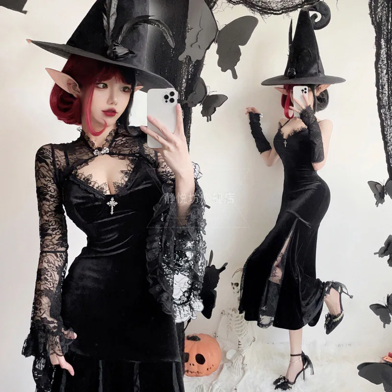 Halloween Costume for Women Anime Cosplay Dark Gothic Black Dress Sexy Cheongsam Witch Multi Inspection Set Vestidos Disfrza