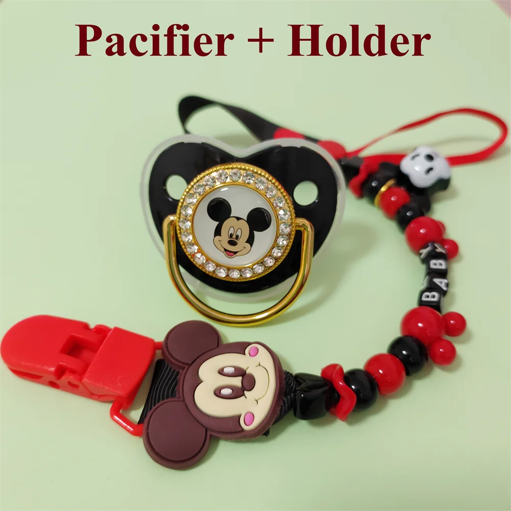 [1 Set] Disney Hot Sale Baby Pacifier With Beaded Chain Clip For Newborn Boys Girl BPA Free Luxury Bling Fake Pacifier Chupeta