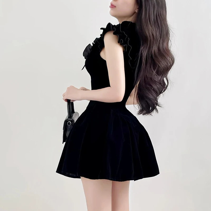 IAMHOTTY Elegant Flying Sleeve A-line Velvet Dress Black Sweet Japanese Style Sleeveless Princess Mini Dresses for Party Holiday