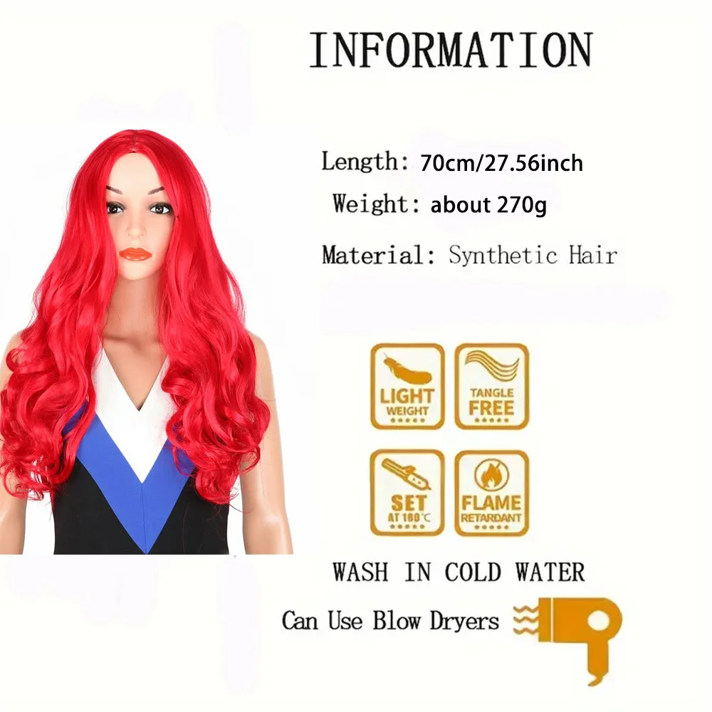 1PCS 28inch Long Red Synthetic Wigs Body Wave Curly Heat Resistant Hair Rose Net Cap halloween cosplay party women wear use wigs