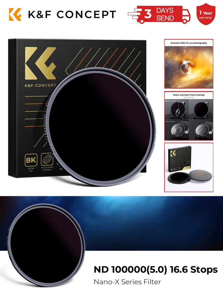 K&F CONCEPT ND100000 16.6 Stops ND Filtr Słoneczny do Obiektywów DSLR Nikon Canon Leica Sony 49mm 62mm 67mm 72mm 82mm 95mm — zdjęcie produktu 7