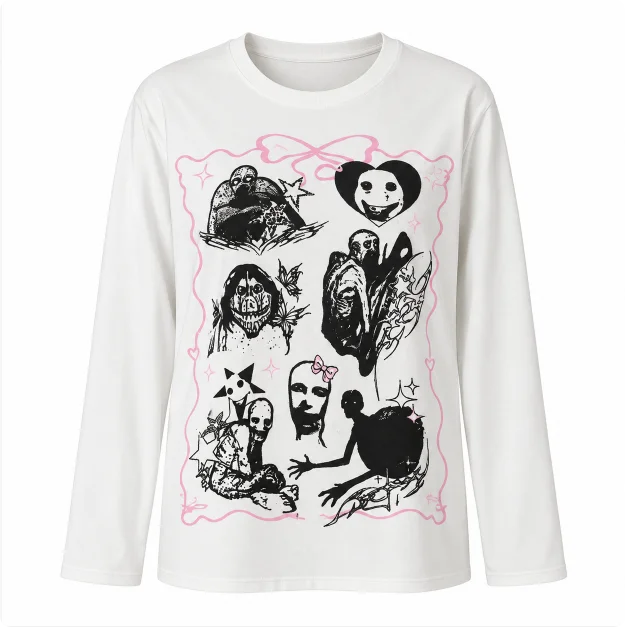 Women Y2K Gothic Long Sleeve T Shirt Coquette Horror Graphic Print Oversized Tee Grunge Aesthetic Casual Tops view 3