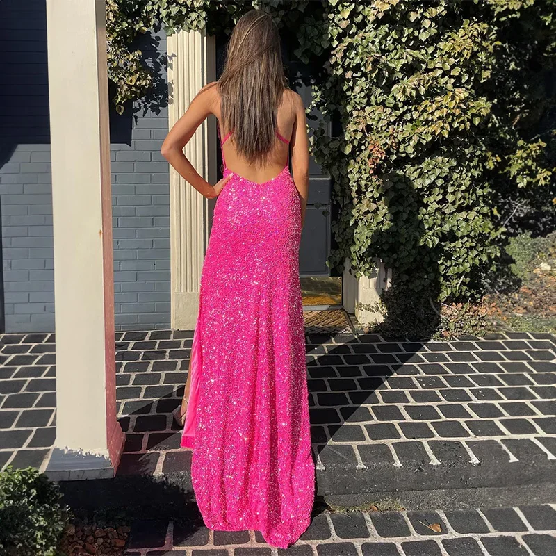 Bohoc Sequined Split V-neck Backless Long Prom Dresses Gowns Vestido De Noiva