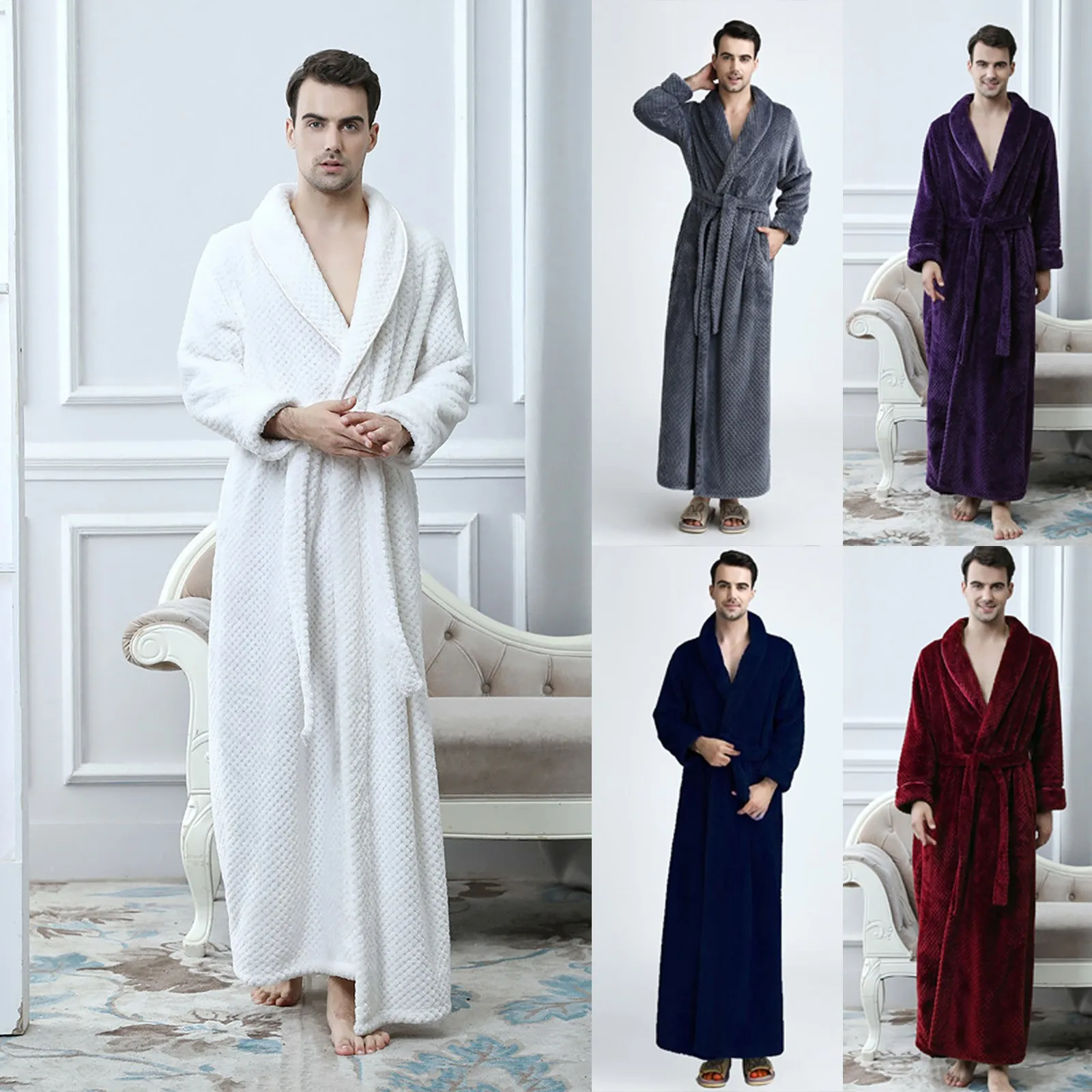 Couple Long Bath Robe Dressing Gown Flannel Fleece Soft Bathrobe Solid Color Causal Fashion Lace-Up Couple Bathrobe With Pockets