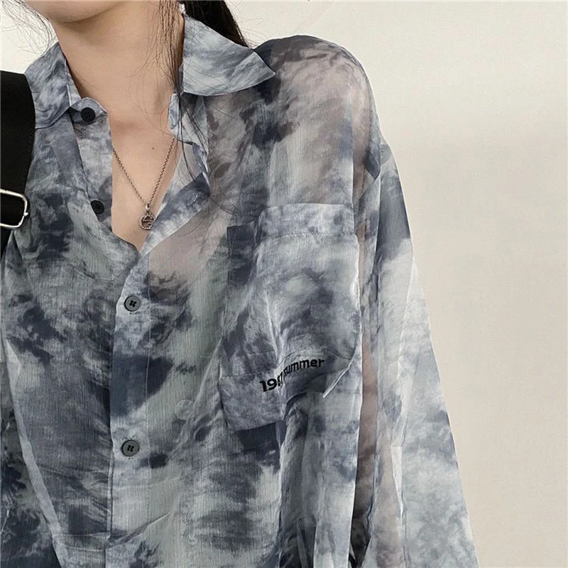 Vintage Shirt Women Harajuku Tie Dye Print Korean Loose Casual Chiffon Blouse Autumn Holiday Transparent Gothic Hippie Top