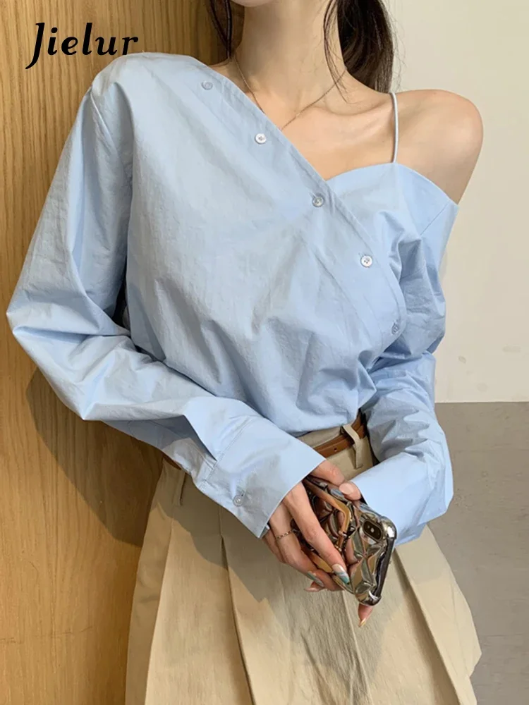 Süße elegante unregelmäßige Frau Bluse neue einfarbige schlanke Frauen Bluse weiß blau lässig lose Mode lang ärmel ige Top weiblich
