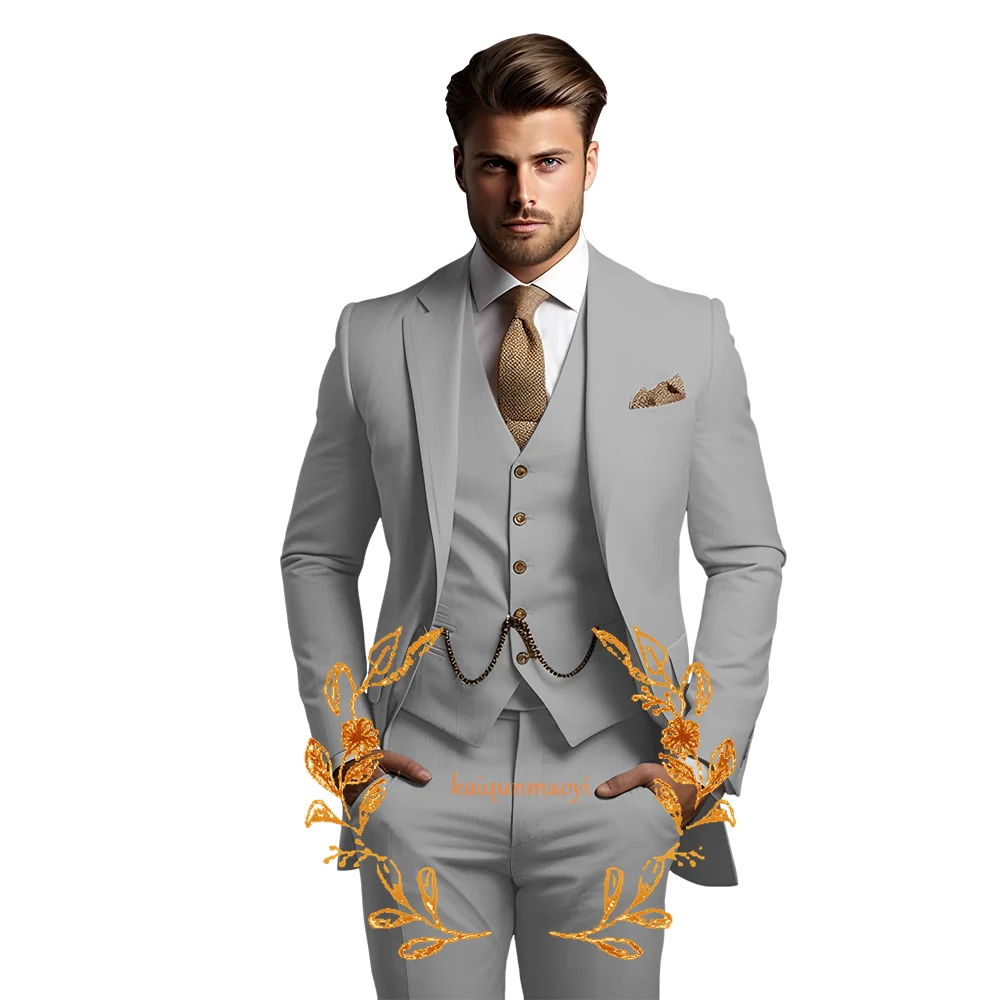 Men\'s Beige Suit (Jacket + Vest + Pants) Elegant Style High-quality tailor-made Dress for Wedding Tuxedo